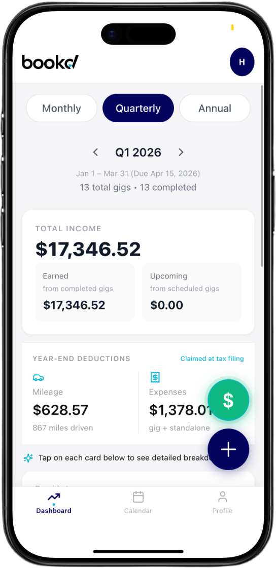 Bookd app dashboard showing quarterly income and year-end deductions